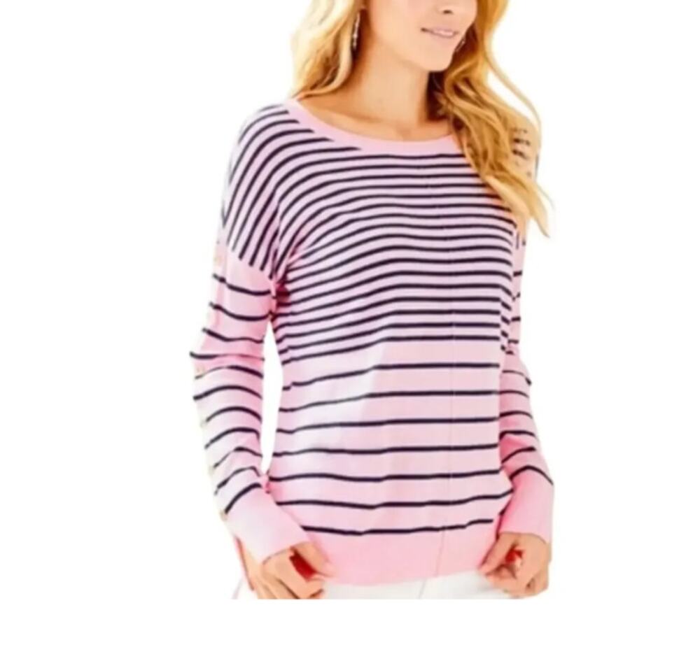 Lilly Pulitzer Sz M Striped Cotton Blend Sweater Pink Tropics Gold Buttons